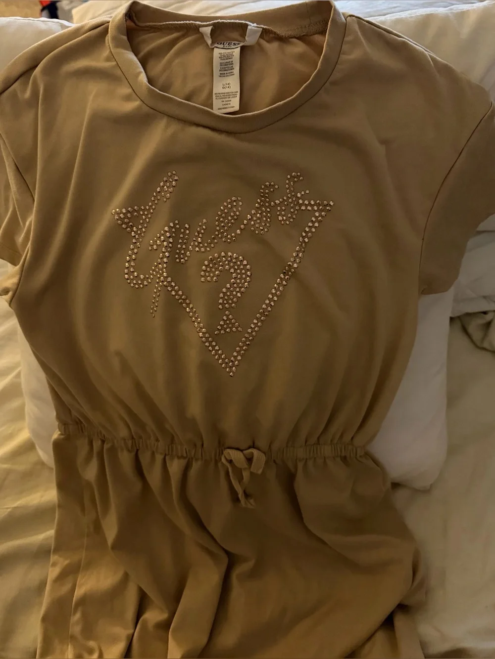 Guess Beige Short Sleeve Drawstring Dress with Rhinestone Logo